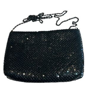 Black Metal Mesh Clutch Crossbody Purse Retro Vintage Style Evening Party Bag
